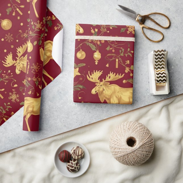 elegant gold reindeer red merry christmas pattern wrapping paper (Crafts)