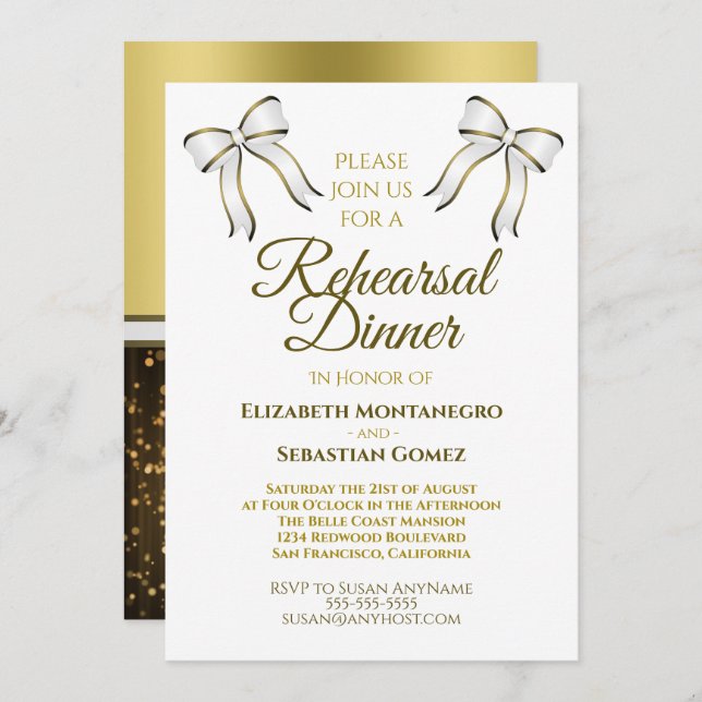 Elegant Gold Ribbon & Bow Wedding Rehearsal Dinner Invitation (Front/Back)