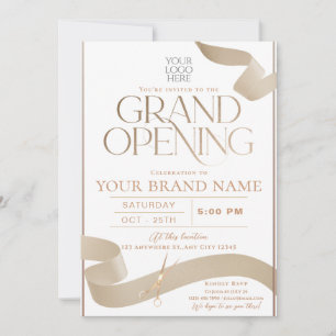 Elegant Gold Ribbon Grand Opening Invitation Card 
