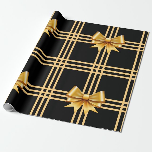 Elegant Gold Ribbon in Black Background Christmas Wrapping Paper (Unrolled)