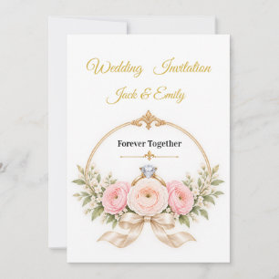 Elegant Gold Rings Pink Roses Wedding Invitation