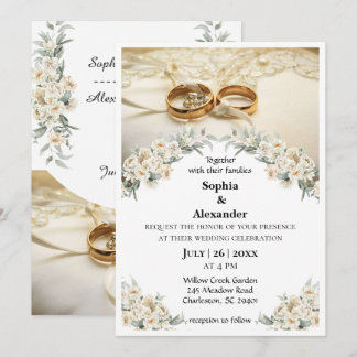 Elegant Gold Rings & Sage Green Floral Wedding Invitation