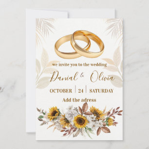 Elegant Gold Rings Sunflower Watercolor Wedding Invitation
