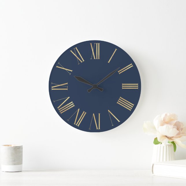 Elegant Gold Roman Numerals on Navy Blue Large Clock (Home)