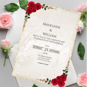 Elegant Gold Romantic Red Roses  Wedding Invitation