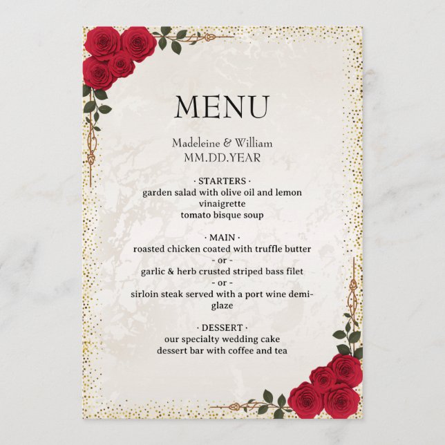 Elegant Gold Romantic Red Roses  Wedding Menu (Front)