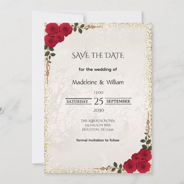 Elegant Gold Romantic Red Roses  Wedding Save The Date (Front)