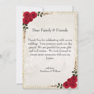 Elegant Gold Romantic Red Roses Wedding Thank You Card