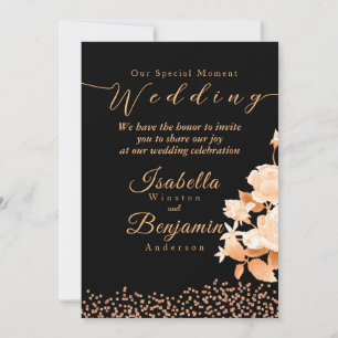 Elegant Gold Rose Black Wedding Invitation Card
