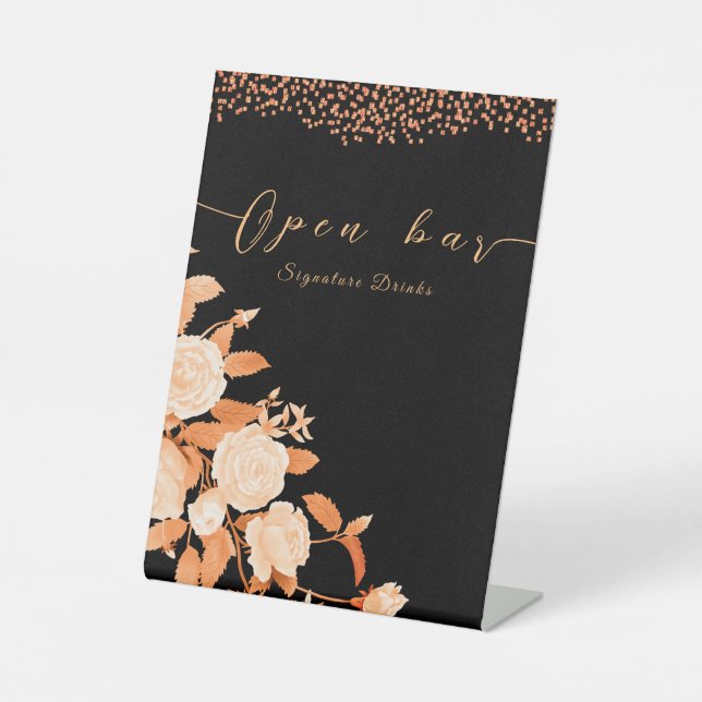 Elegant Gold Rose Black Wedding Open Bar Pedestal Sign (Front)