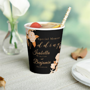 Elegant Gold Rose Black Wedding Paper Cups