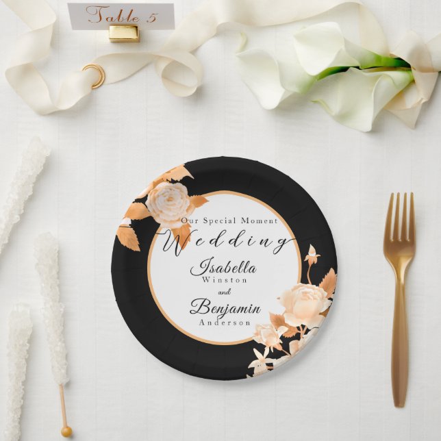 Elegant Gold Rose Black Wedding Paper Plate (Wedding)