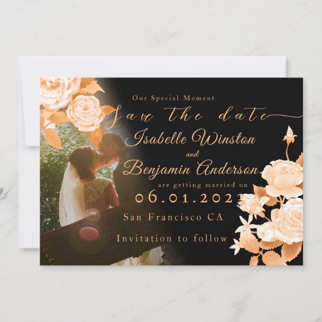 Elegant Gold Rose Black Wedding Save The Date (Front)