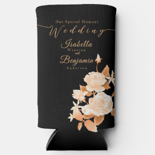 Elegant Gold Rose Black Wedding  Seltzer Can Cooler