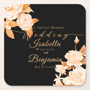 Elegant Gold Rose Black Wedding  Square Paper Coaster