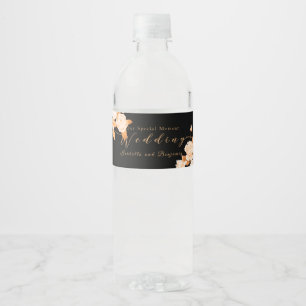 Elegant Gold Rose Black Wedding Water Bottle Label