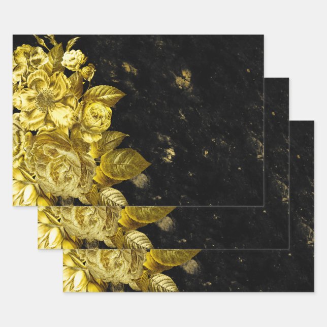 Elegant Gold roses and black marble Wrapping Paper Sheet (Set)