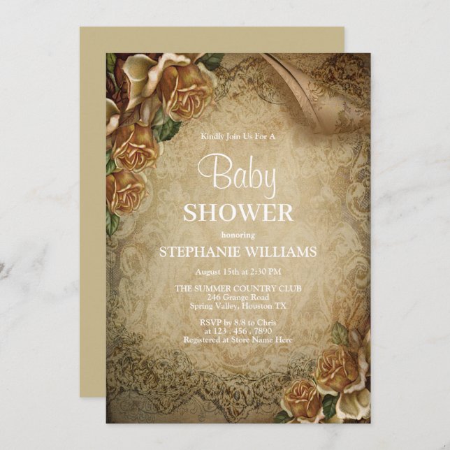 Elegant Gold Roses & Damask Baby Shower Invitation (Front/Back)