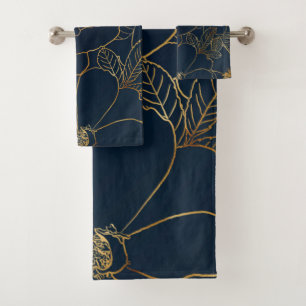 Elegant Gold Roses Floral Drawing Blue Design Bath Towel Set