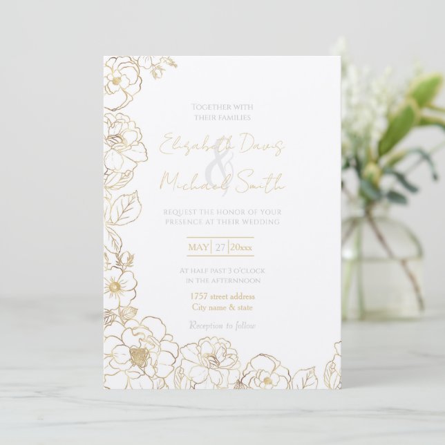 Elegant Gold Roses Floral Line art Invitation (Standing Front)
