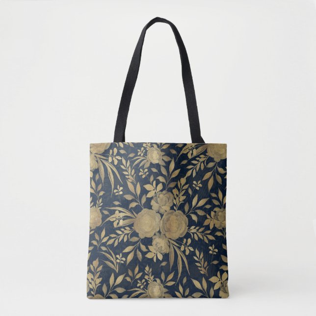 Elegant Gold Roses Floral Navy-Blue Design Tote Bag (Front)