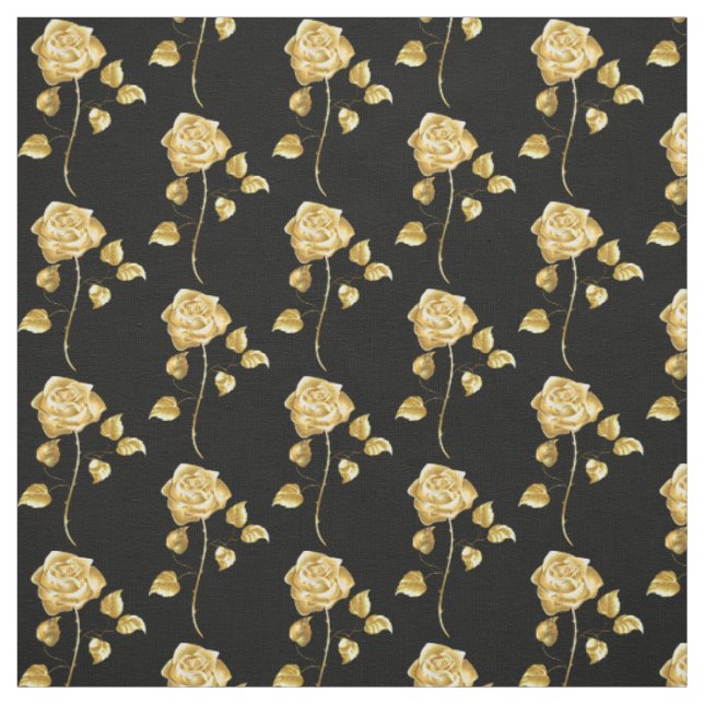 Elegant Gold Roses on Black Background Fabric (Swatch)