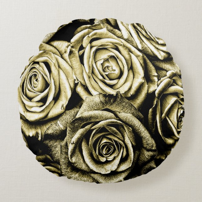 Elegant Gold Roses Round Cushion (Front)