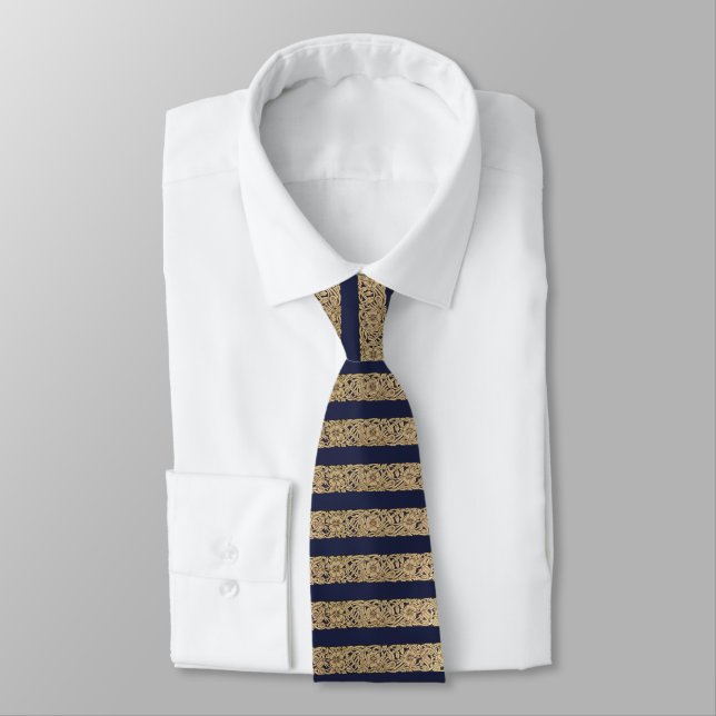 Elegant Gold Roses Stripes on Navy Blue Classic Tie (Tied)