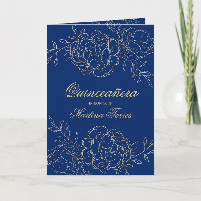 Elegant Gold Royal Blue Fine Floral Quinceanera Invitation (Front)
