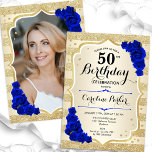 Elegant Gold Royal Blue Photo 50th Birthday Invitation<br><div class="desc">Elegant floral feminine 50th birthday invitation with your photo at the back of the card. Glam design with faux glitter gold. Features gold stripes, royal blue roses, script font and confetti. Perfect for a stylish adult bday celebration party. Personalise with your own details. Can be customised for any age! Printed...</div>