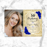 Elegant Gold Royal Blue Roses Photo 50th Birthday Invitation<br><div class="desc">Elegant floral feminine 50th birthday invitation with your photo. Glam design with faux glitter gold. Features stripes, royal blue roses, script font and confetti. Perfect for a stylish adult bday celebration party. Personalise with your own details. Can be customised for any age! Printed Zazzle invitations or instant download digital printable...</div>