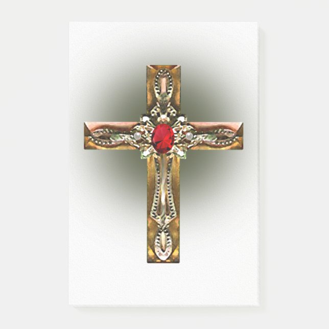 Elegant Gold & Ruby Cross Post-it Notes (Front)