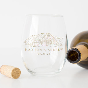 Elegant Gold Rustic Barn Personalised Wedding Stemless Wine Glass