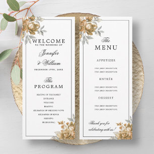 Elegant Gold Rustic Floral Wedding Program Menu Invitation