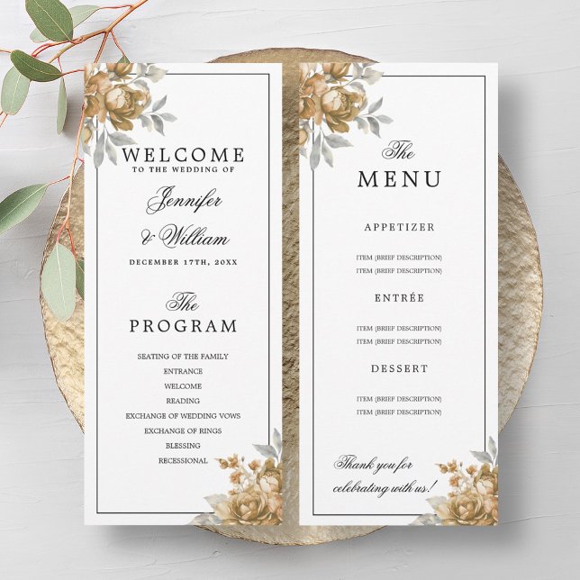 Elegant Gold Rustic Floral Wedding Program Menu Invitation (Elegant Gold Rustic Floral Wedding Program Menu)