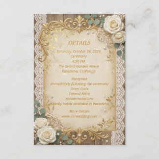 Elegant Gold Rustic Lace Ivory Rose Pearl Bow Enclosure Card