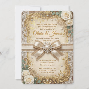 Elegant Gold Rustic Lace Ivory Rose Pearl Bow Invitation