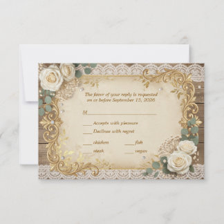 Elegant Gold Rustic Lace Ivory Rose Pearl Bow RSVP Card