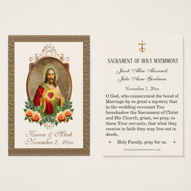 Elegant Gold Sacred Heart Jesus Wedding Holy Cards (Front & Back)