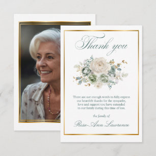 Elegant Gold & Sage Green Floral Funeral Photo Thank You Card