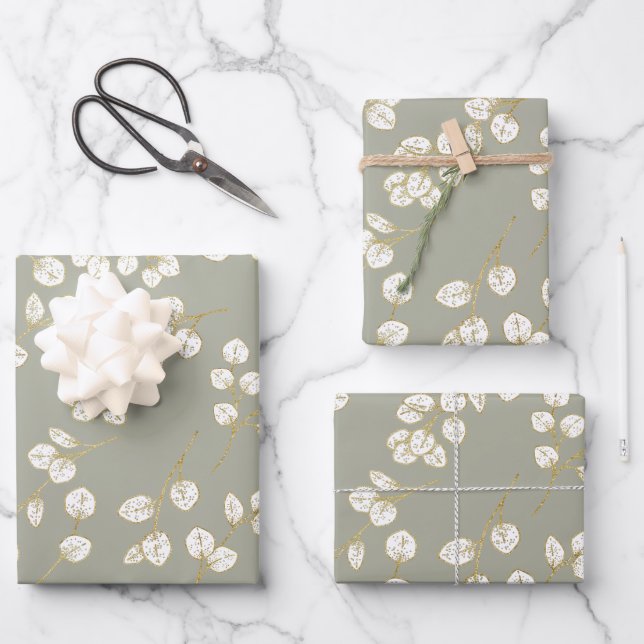Elegant Gold Sage Green Greenery Eucalyptus Leaves Wrapping Paper Sheet (Front)