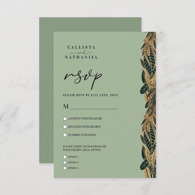 Elegant Gold Sage Green Greenery Leaves Wedding RSVP Card (Front/Back)