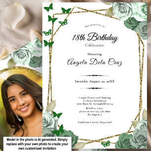 Elegant Gold Sage Green Rose 18th Birthday Debut Invitation