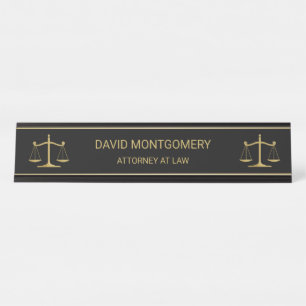 Elegant Gold Scales of Justice Lawyer Black Desk Name Plate