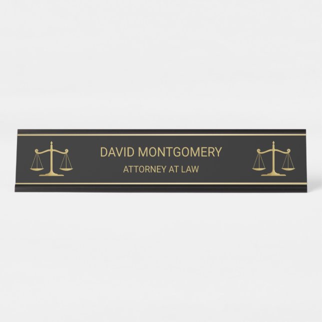 Elegant Gold Scales of Justice Lawyer Black Desk Name Plate (Front)