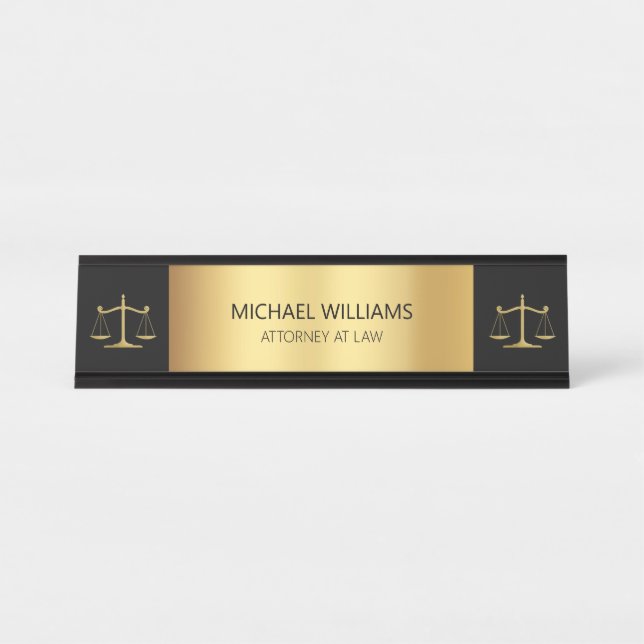 Elegant Gold Scales of Justice Typography Lawyer Desk Name Plate (Front)