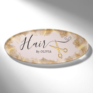Elegant Gold Scissor Hair Cut Beauty Salon Pink Name Tag