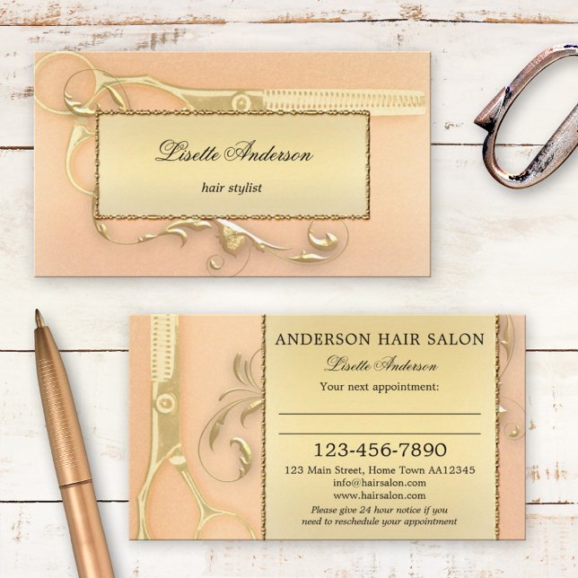 Elegant Gold Scissors Peach Hair Stylist  Appointment Card (Creator Uploaded)