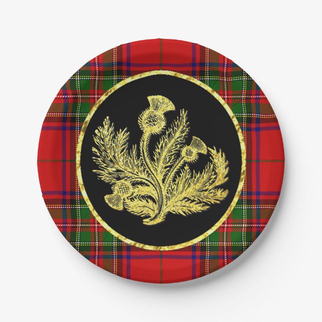 Elegant Gold Scottish Thistle and Plaid Paper Plate (Front)