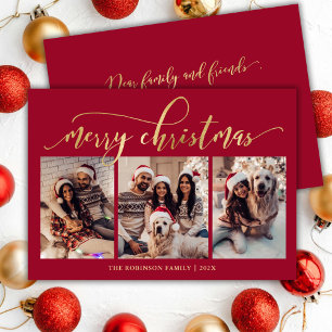 Elegant Gold Script 3 Photo Collage Red Christmas Holiday Card